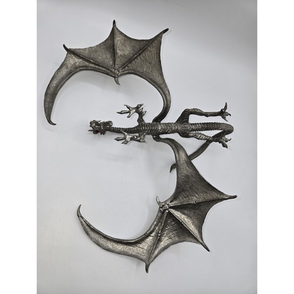 Signed Pewter Dragon Sculpture L.W. 1997 Red Glass Eyes Fantasy Art 13x11" - Picture 8 of 15